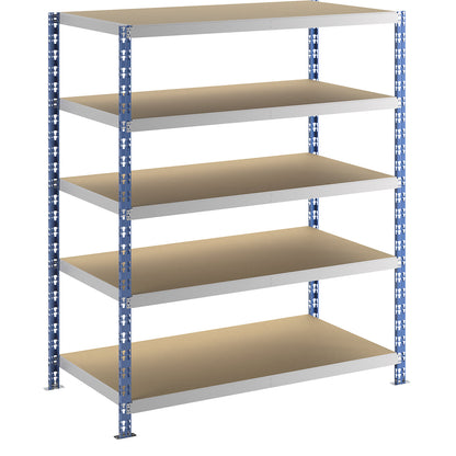 Wide span boltless shelf unit, blue/grey, HxWxD 1820 x 1550 x 800 mm, moulded chipboard shelves, standard shelf unit.