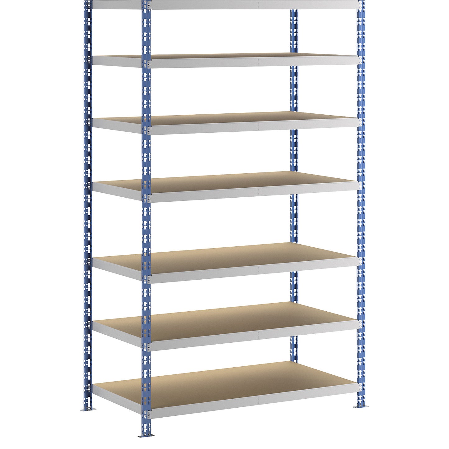 Wide span boltless shelf unit, blue/grey, HxWxD 2522 x 1550 x 800 mm, moulded chipboard shelves, standard shelf unit.