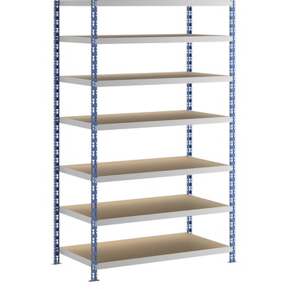 Wide span boltless shelf unit, blue/grey, HxWxD 2522 x 1550 x 800 mm, moulded chipboard shelves, standard shelf unit.