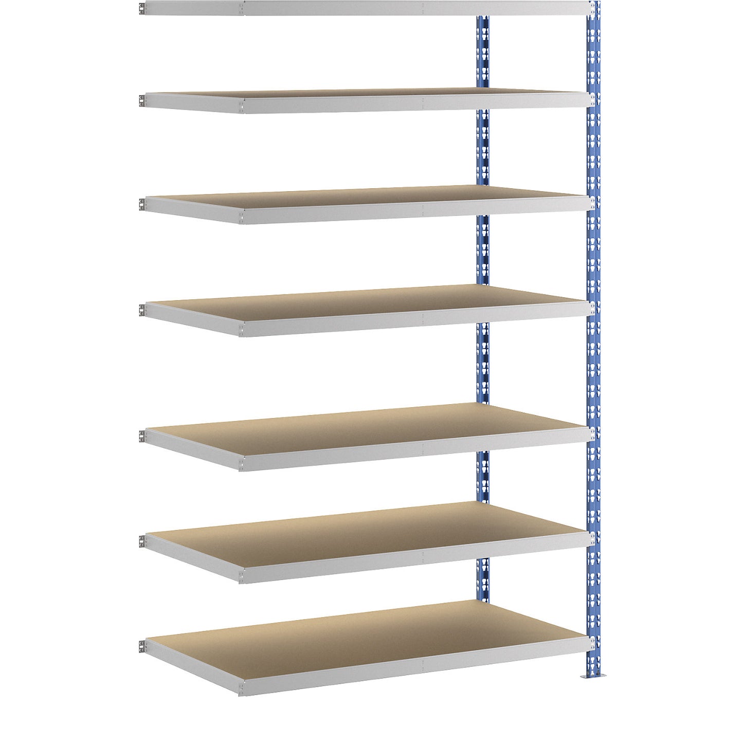 Wide span boltless shelf unit, blue/grey, HxWxD 2522 x 1525 x 800 mm, moulded chipboard shelves, extension shelf unit.