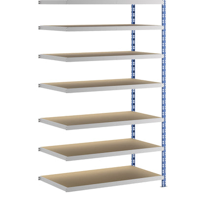 Wide span boltless shelf unit, blue/grey, HxWxD 2522 x 1525 x 800 mm, moulded chipboard shelves, extension shelf unit.