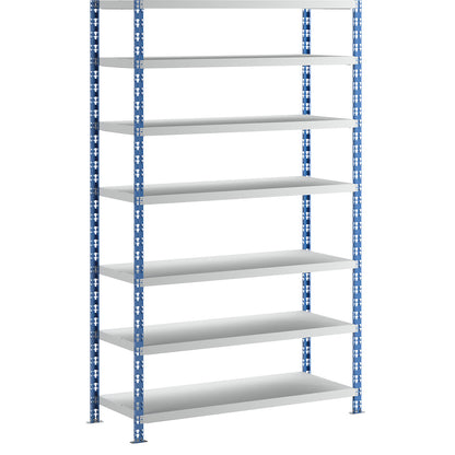 Wide span boltless shelf unit, blue/grey, HxWxD 2522 x 1550 x 600 mm, sheet steel shelves, standard shelf unit.