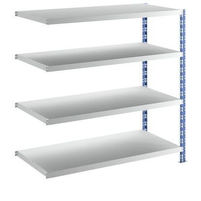 Wide span boltless shelf unit, blue/grey, HxWxD 1508 x 1525 x 700 mm, sheet steel shelves, extension shelf unit.