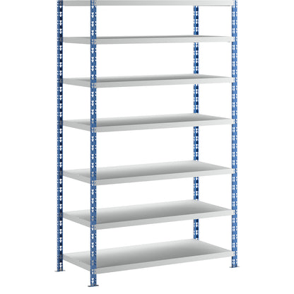 Wide span boltless shelf unit, blue/grey, HxWxD 2522 x 1550 x 700 mm, sheet steel shelves, standard shelf unit.