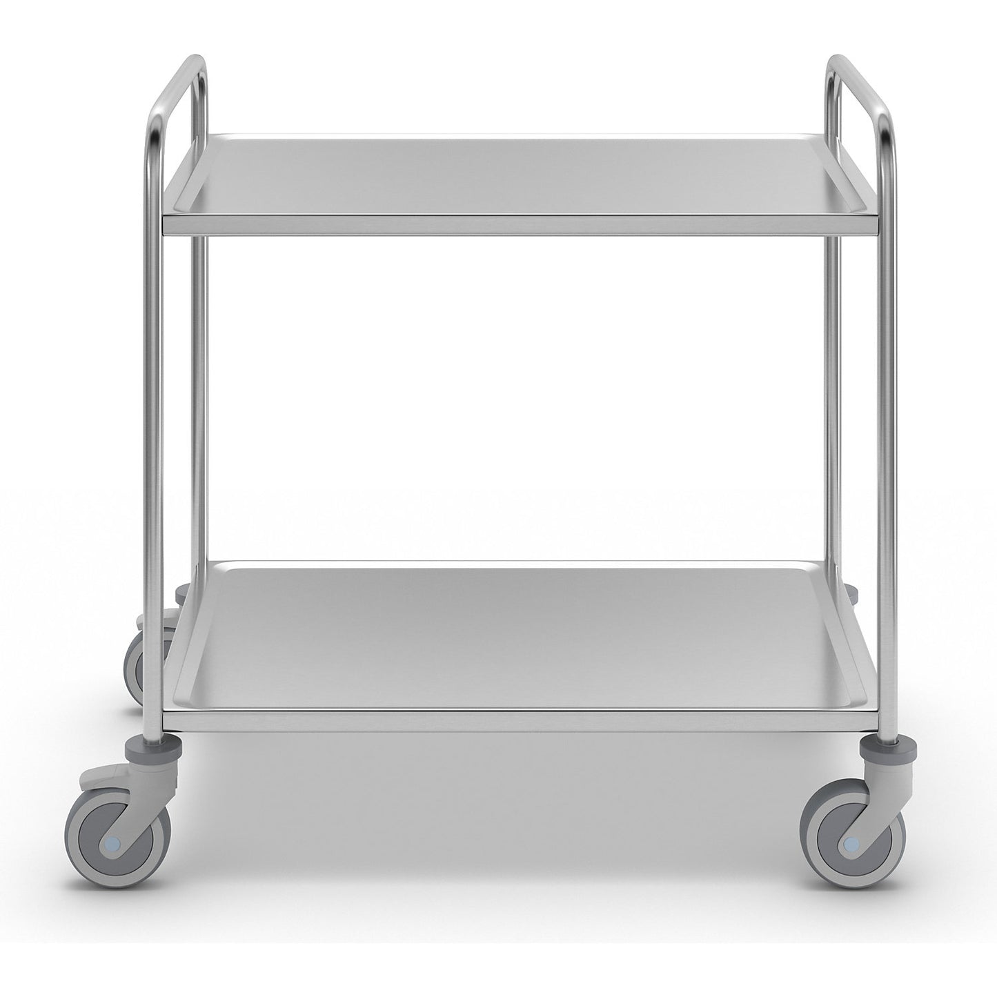 Stainless steel serving trolley, 2 shelves, thermoplastic rubber tyres, LxWxH 1070 x 670 x 970 mm.