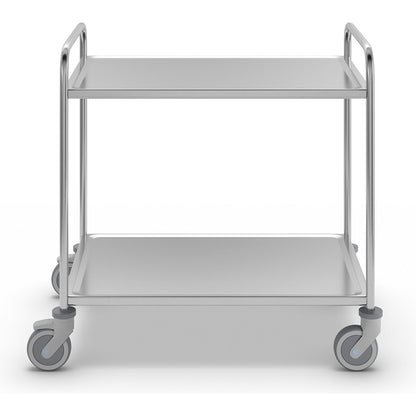 Stainless steel serving trolley, 2 shelves, thermoplastic rubber tyres, LxWxH 1070 x 670 x 970 mm.