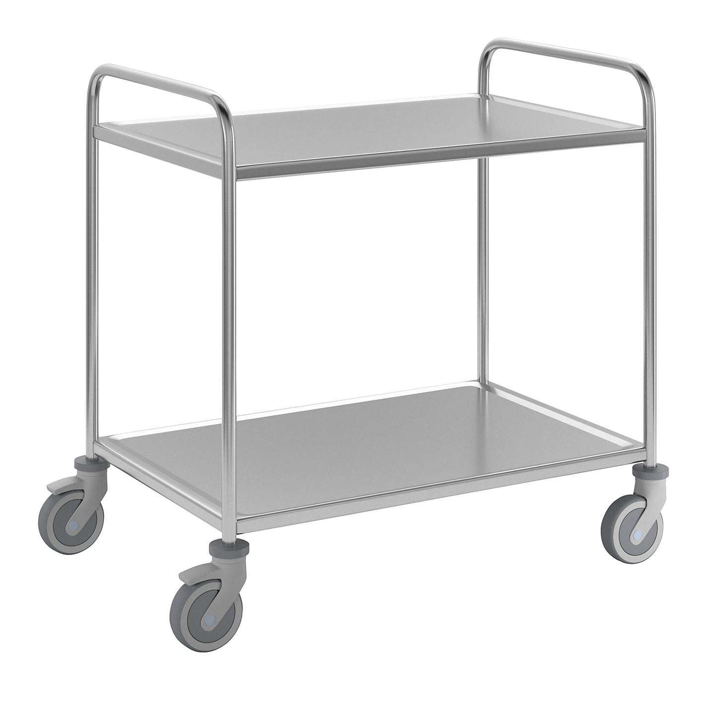 Stainless steel serving trolley, 2 shelves, thermoplastic rubber tyres, LxWxH 1070 x 670 x 970 mm.