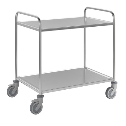 Stainless steel serving trolley, 2 shelves, thermoplastic rubber tyres, LxWxH 1070 x 670 x 970 mm.