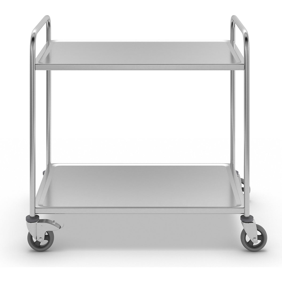 Stainless steel serving trolley, 2 shelves, air cushioned tyres, LxWxH 1070 x 670 x 970 mm.