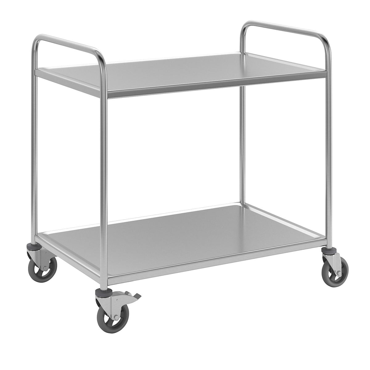 Stainless steel serving trolley, 2 shelves, air cushioned tyres, LxWxH 1070 x 670 x 970 mm.