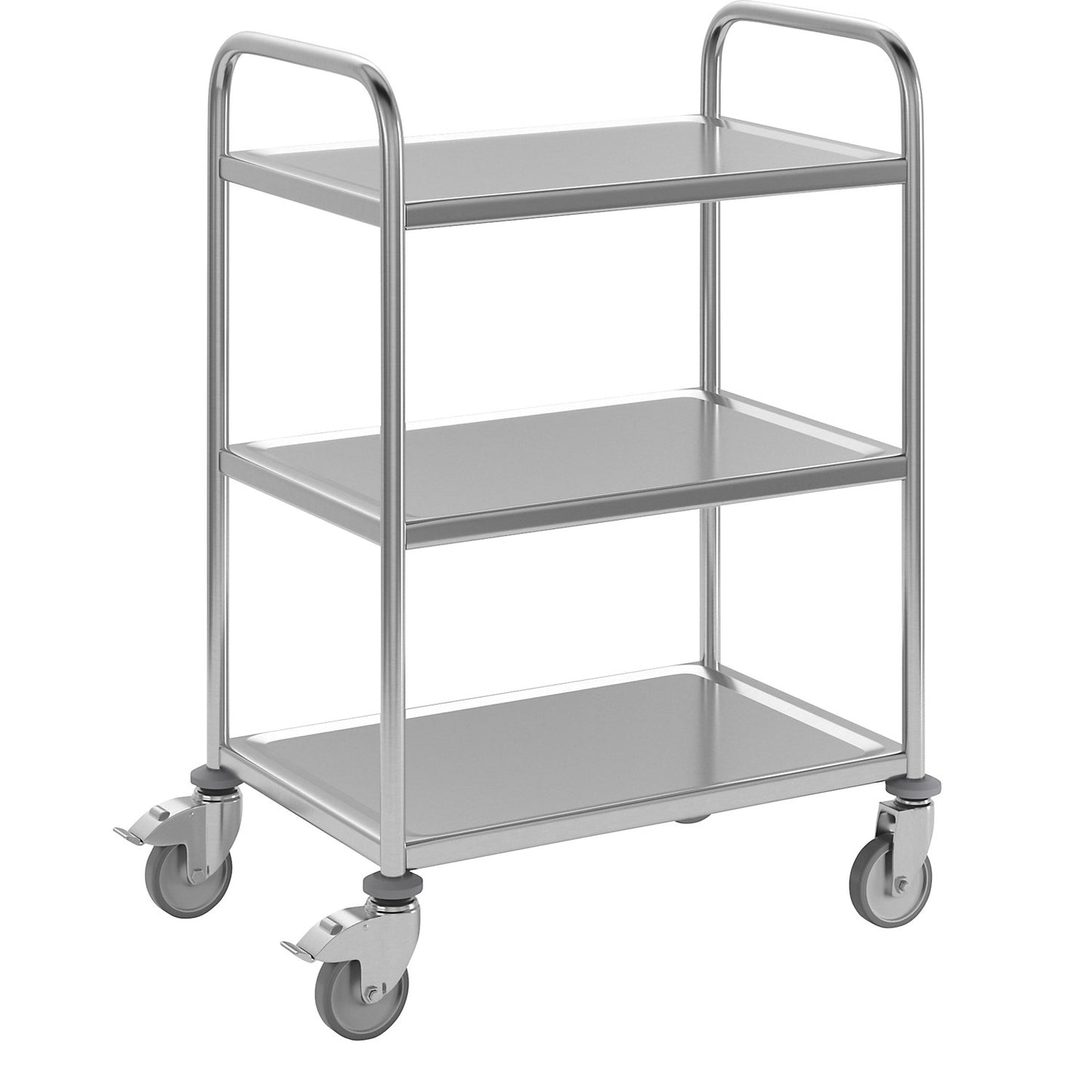 Stainless steel serving trolley, 3 shelves, zinc plated castor, rubber tyres, LxWxH 700 x 470 x 970 mm.