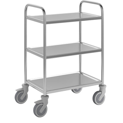 Stainless steel serving trolley, 3 shelves, thermoplastic rubber tyres, LxWxH 700 x 470 x 970 mm.