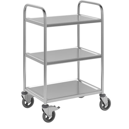 Stainless steel serving trolley, 3 shelves, air cushioned tyres, LxWxH 700 x 470 x 970 mm.
