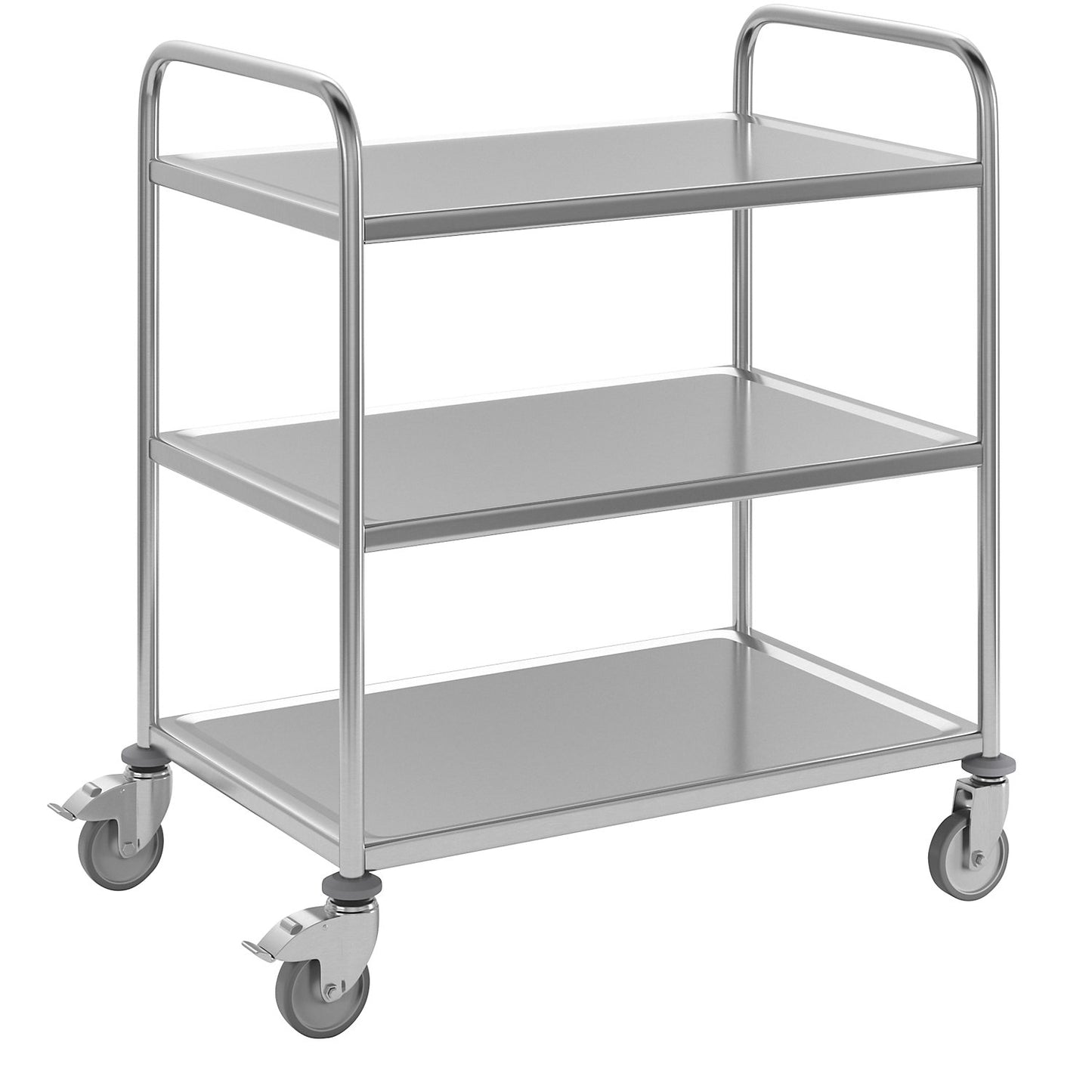 Stainless steel serving trolley, 3 shelves, zinc plated castor, rubber tyres, LxWxH 870 x 570 x 970 mm.