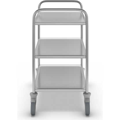 Stainless steel serving trolley, 3 shelves, thermoplastic rubber tyres, LxWxH 870 x 570 x 970 mm.