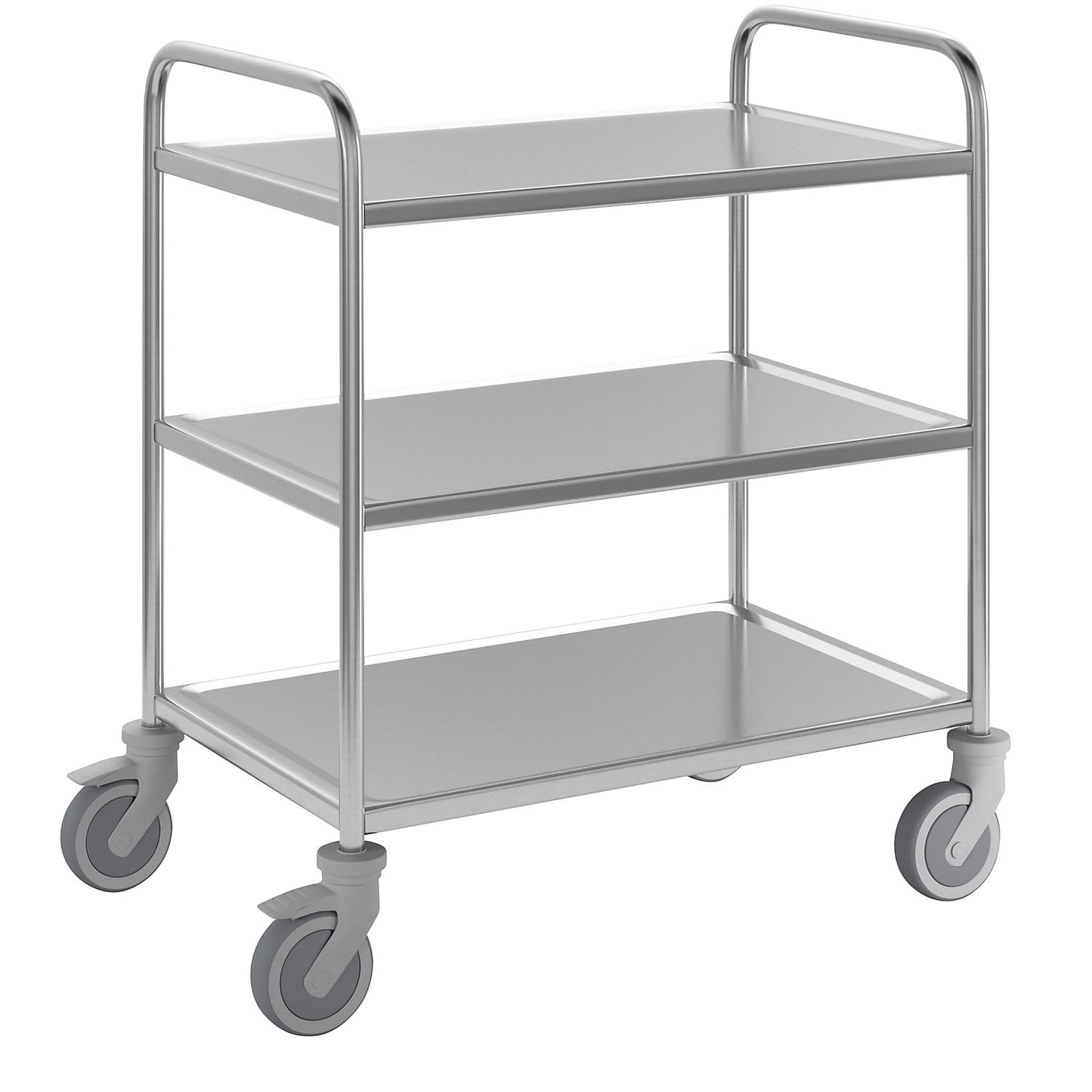 Stainless steel serving trolley, 3 shelves, thermoplastic rubber tyres, LxWxH 870 x 570 x 970 mm.