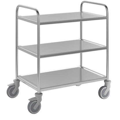 Stainless steel serving trolley, 3 shelves, thermoplastic rubber tyres, LxWxH 870 x 570 x 970 mm.