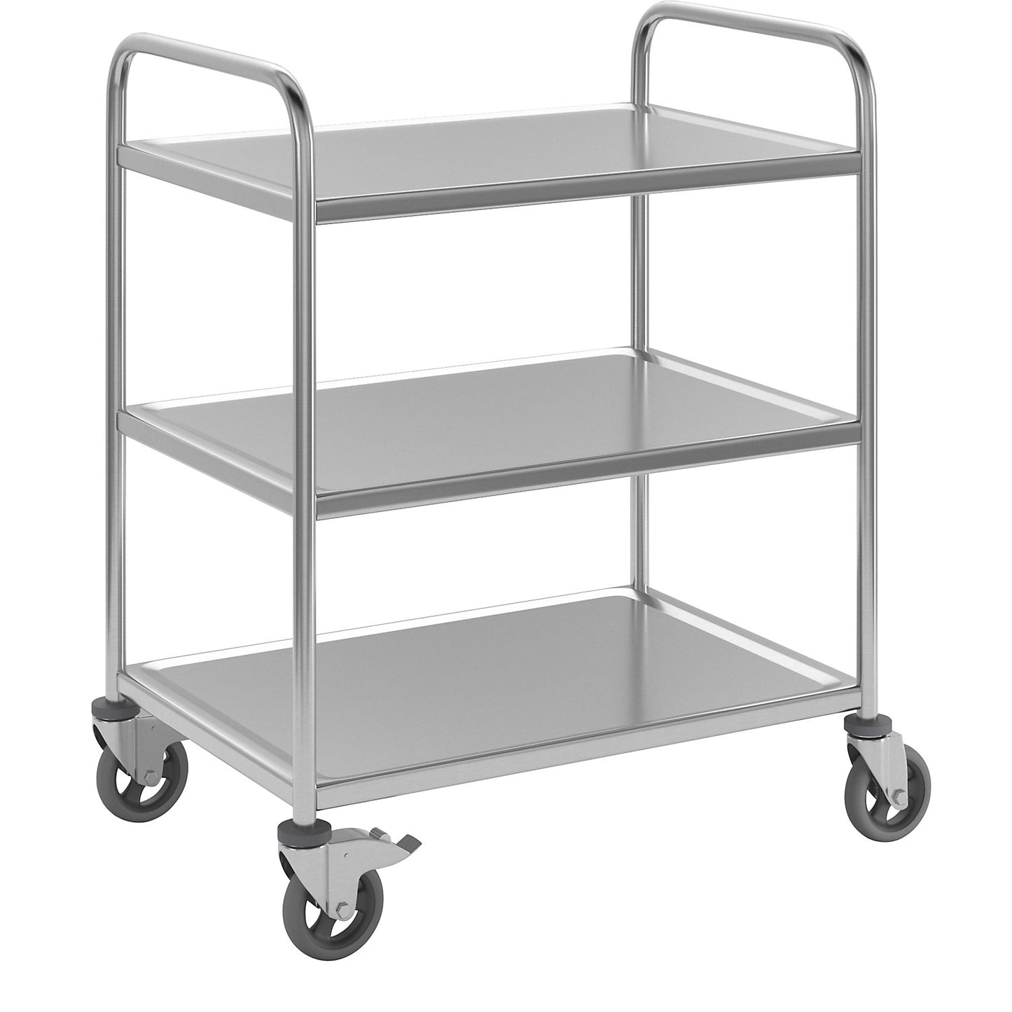 Stainless steel serving trolley, 3 shelves, air cushioned tyres, LxWxH 870 x 570 x 970 mm.