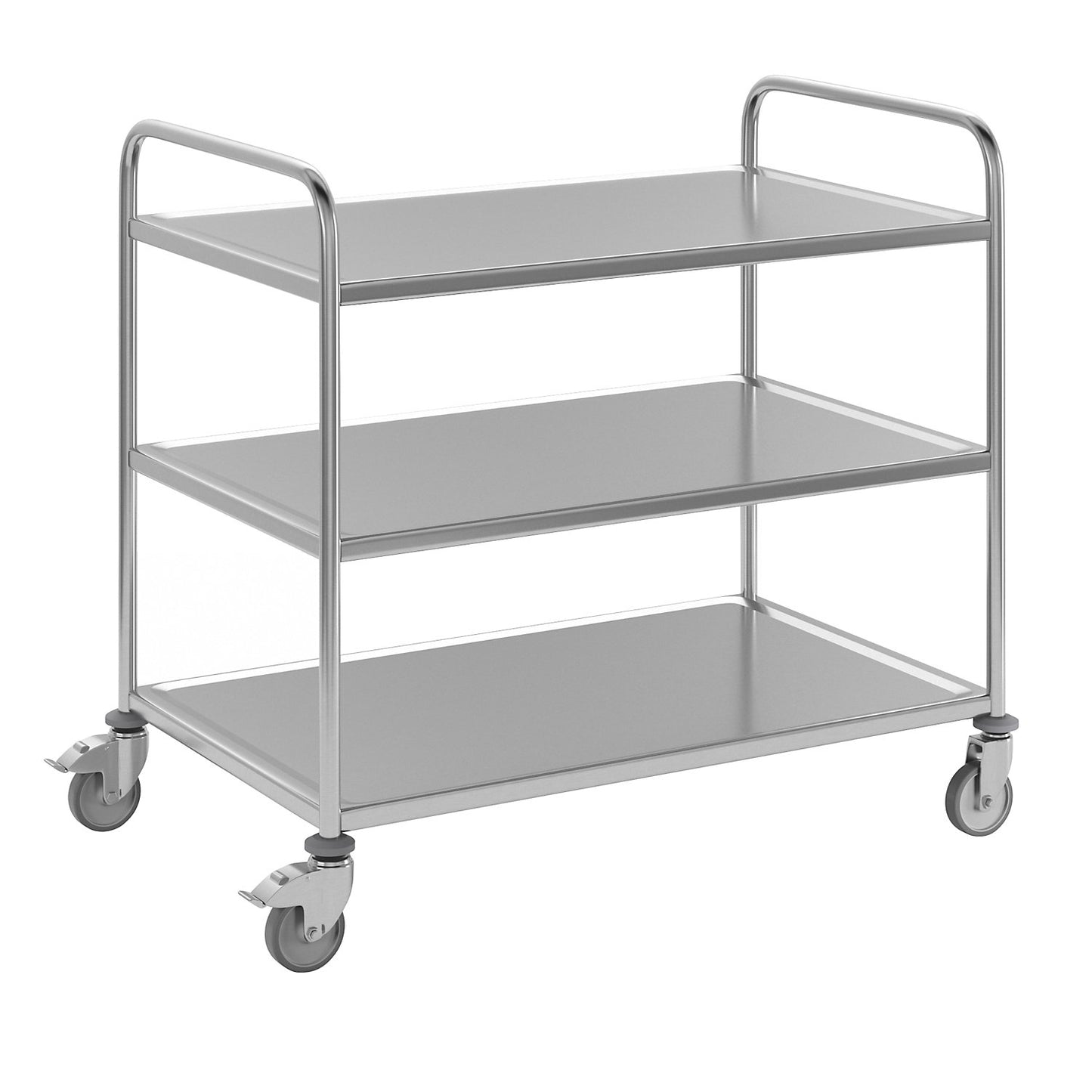Stainless steel serving trolley, 3 shelves, zinc plated castor, rubber tyres, LxWxH 1070 x 670 x 970 mm.