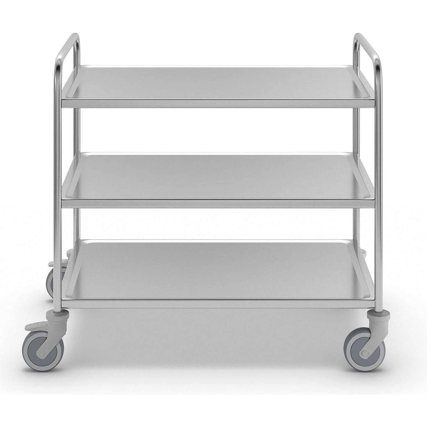 Stainless steel serving trolley, 3 shelves, thermoplastic rubber tyres, LxWxH 1070 x 670 x 970 mm.