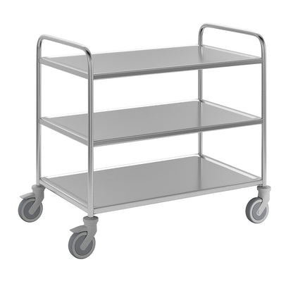 Stainless steel serving trolley, 3 shelves, thermoplastic rubber tyres, LxWxH 1070 x 670 x 970 mm.