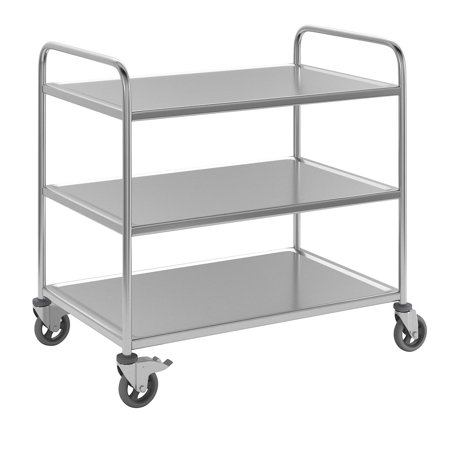 Stainless steel serving trolley, 3 shelves, air cushioned tyres, LxWxH 1070 x 670 x 970 mm.