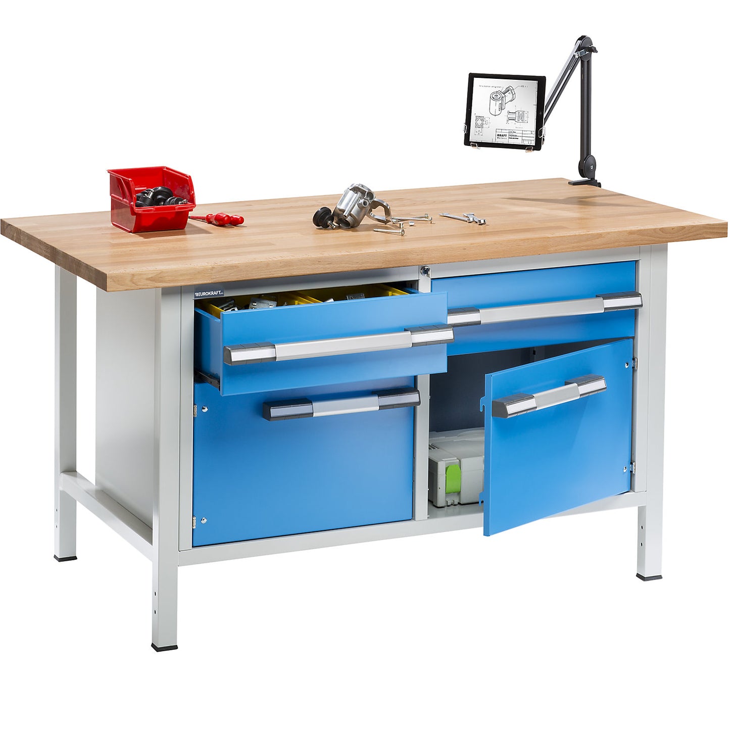 Workbench, Series 8000 frame construction, 3 drawers 180 mm, 1 door 540 mm, WxD 1500 x 900 mm.