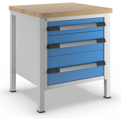 Workbench, Series 8000 frame construction, 3 drawers: 1 x 120, 1 x 180, 1 x 240 mm, WxD 750 x 700 mm.