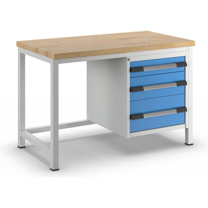 Workbench, Series 8000 frame construction, 3 drawers: 1 x 120, 1 x 180, 1 x 240 mm, WxD 1250 x 700 mm.