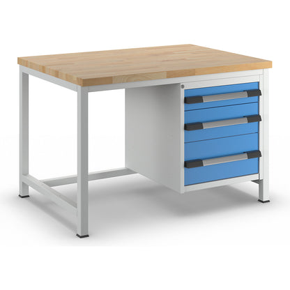 Workbench, Series 8000 frame construction, 3 drawers: 1 x 120, 1 x 180, 1 x 240 mm, WxD 1250 x 900 mm.