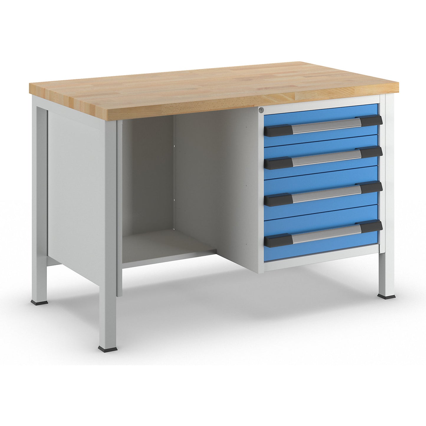 Workbench, Series 8000 frame construction, 4 drawers: 2 x 120, 2 x 150 mm, WxD 1250 x 700 mm.