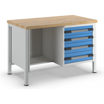 Workbench, Series 8000 frame construction, 4 drawers: 2 x 120, 2 x 150 mm, WxD 1250 x 700 mm.