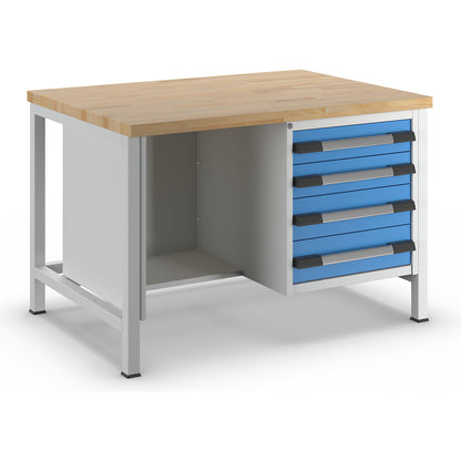 Workbench, Series 8000 frame construction, 4 drawers: 2 x 120, 2 x 150 mm, WxD 1250 x 900 mm.