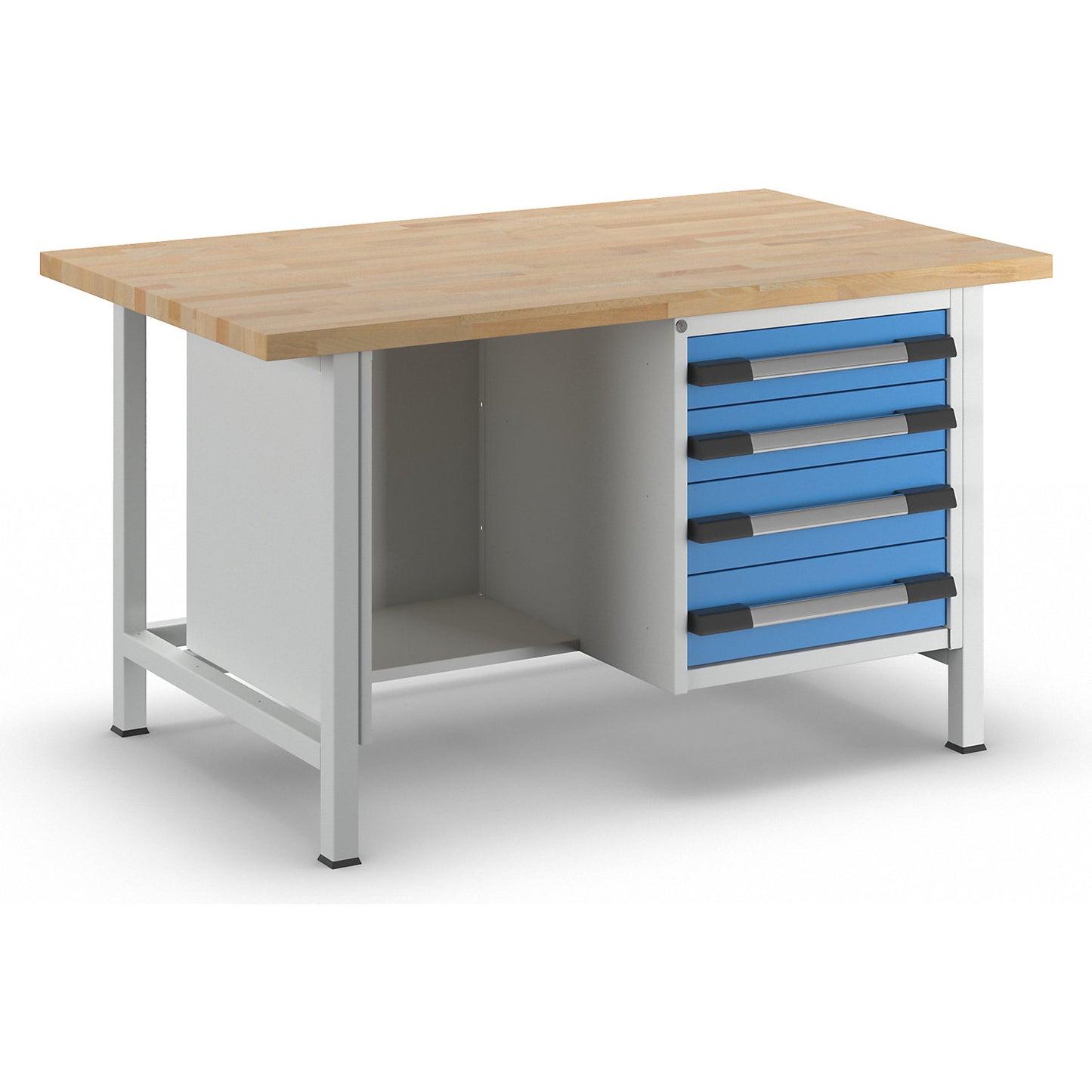 Workbench, Series 8000 frame construction, 4 drawers: 2 x 120, 2 x 150 mm, WxD 1500 x 900 mm.