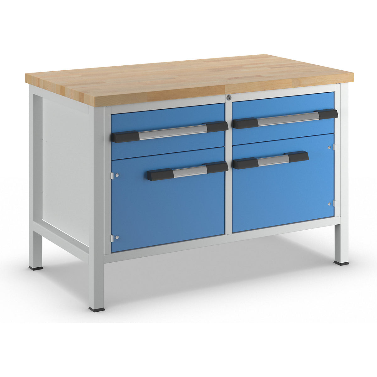 Workbench, Series 8000 frame construction, 2 drawers 180 mm, 2 doors 360 mm, WxD 1250 x 700 mm.