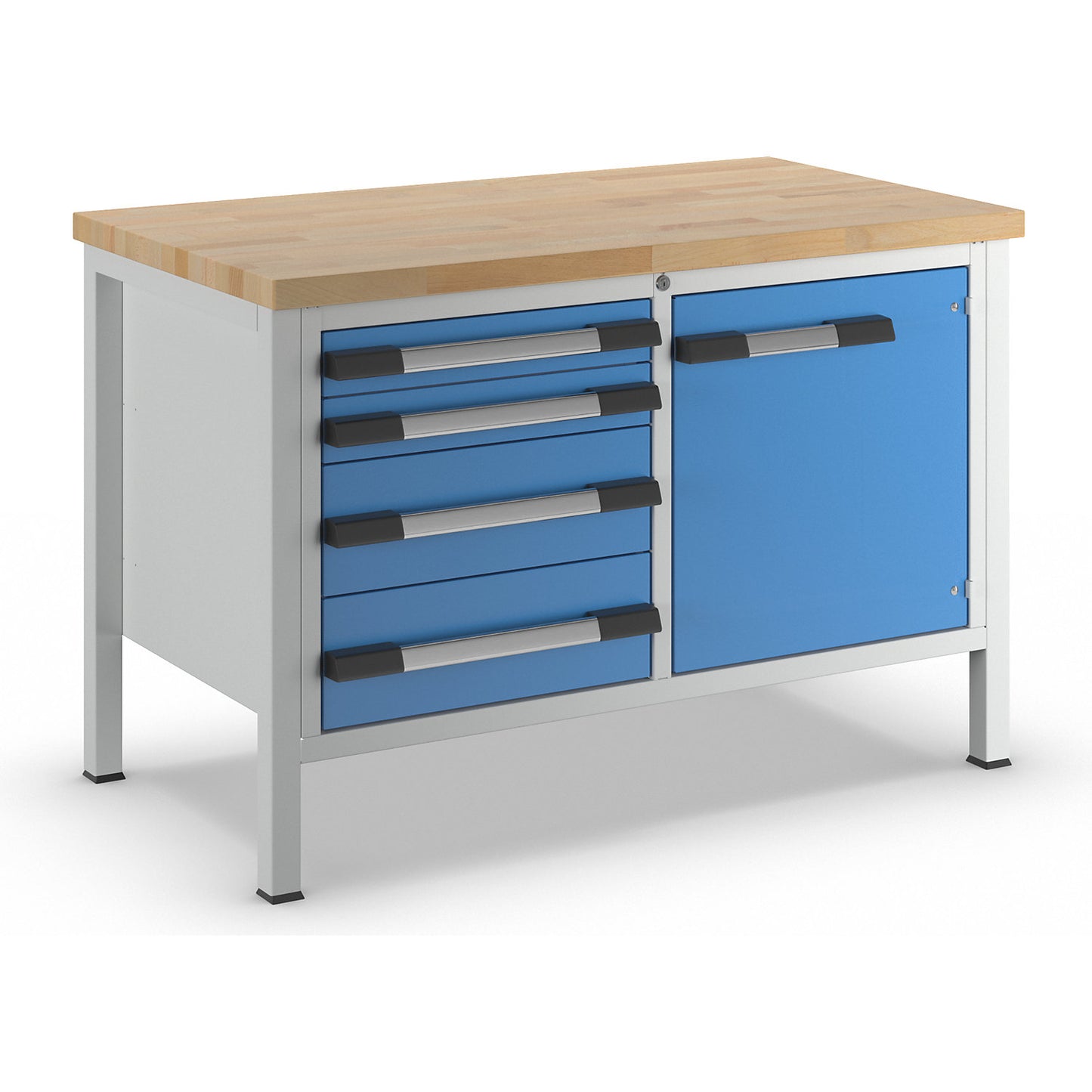 Workbench, Series 8000 frame construction, 4 drawers: 2 x 90, 2 x 180 mm, 1 door 540 mm, WxD 1250 x 700 mm.