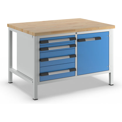 Workbench, Series 8000 frame construction, 4 drawers: 2 x 90, 2 x 180 mm, 1 door 540 mm, WxD 1250 x 900 mm.
