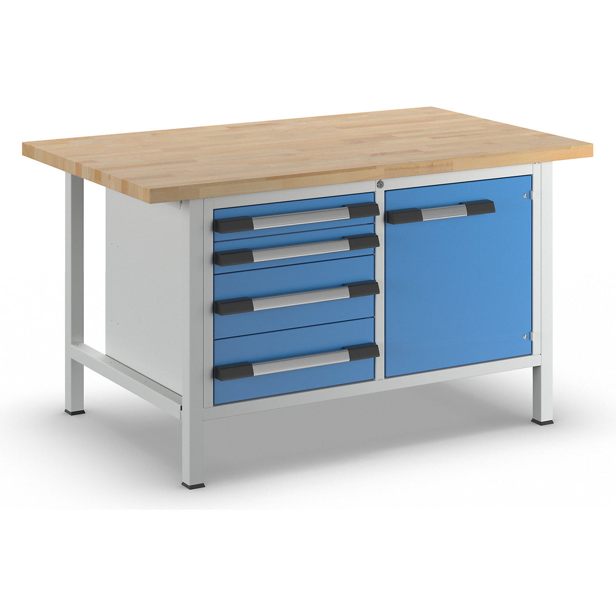 Workbench, Series 8000 frame construction, 4 drawers: 2 x 90, 2 x 180 mm, 1 door 540 mm, WxD 1500 x 900 mm.