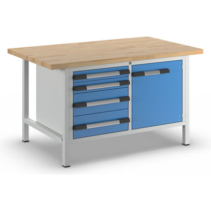 Workbench, Series 8000 frame construction, 4 drawers: 2 x 90, 2 x 180 mm, 1 door 540 mm, WxD 1500 x 900 mm.