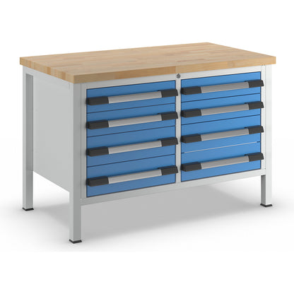 Workbench, Series 8000 frame construction, 8 drawers, WxD 1250 x 700 mm.