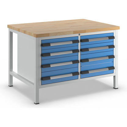 Workbench, Series 8000 frame construction, 8 drawers, WxD 1250 x 900 mm.