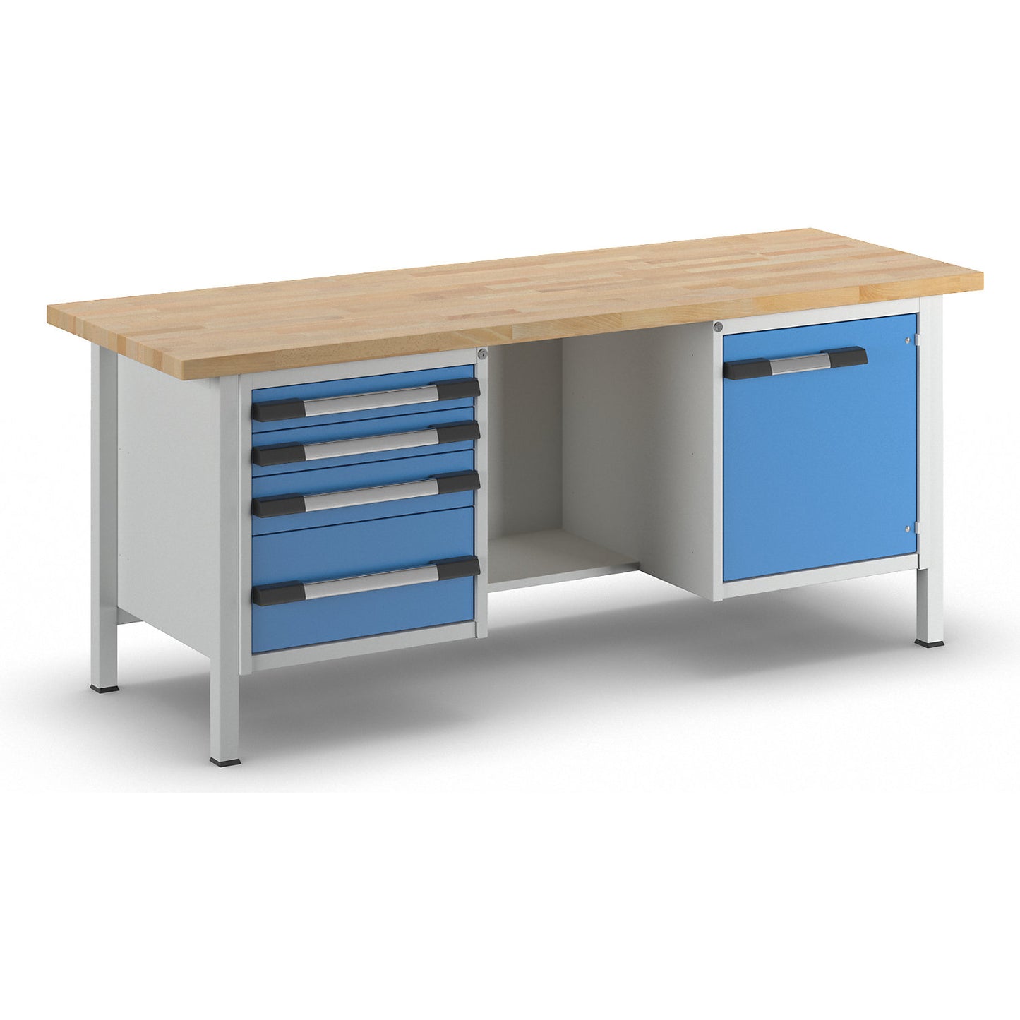 Workbench, Series 8000 frame construction, 4 drawers: 2 x 90, 1 x 120, 1 x 240 mm, 1 door 540 mm, centre open, WxD 2000 x 700 mm.