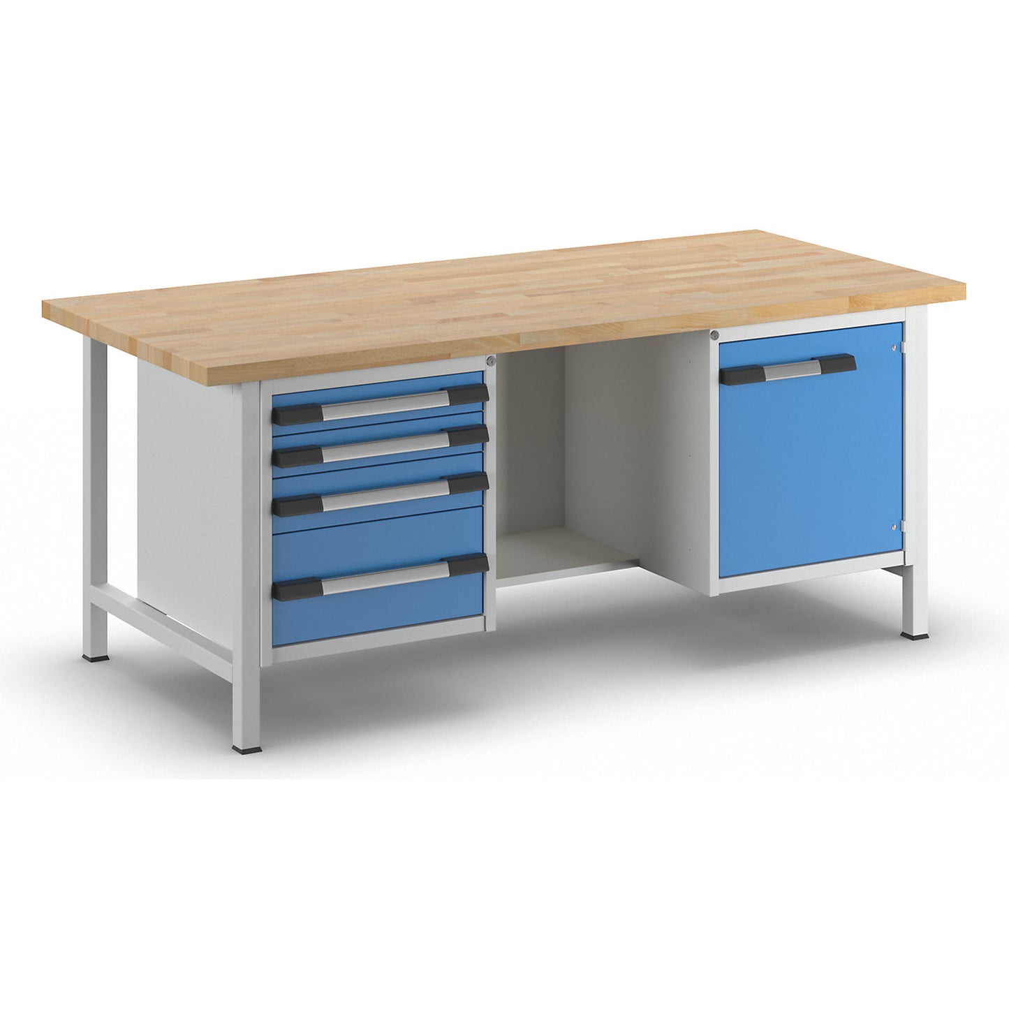 Workbench, Series 8000 frame construction, 4 drawers: 2 x 90, 1 x 120, 1 x 240 mm, 1 door 540 mm, centre open, WxD 2000 x 900 mm.