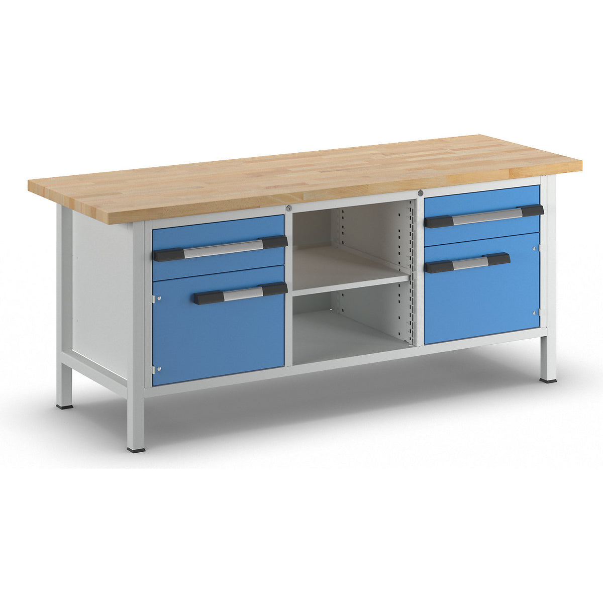 Workbench, Series 8000 frame construction, 2 drawers 180 mm, 2 doors 360 mm, 1 storage shelf, 1 shelf, WxD 2000 x 700 mm.