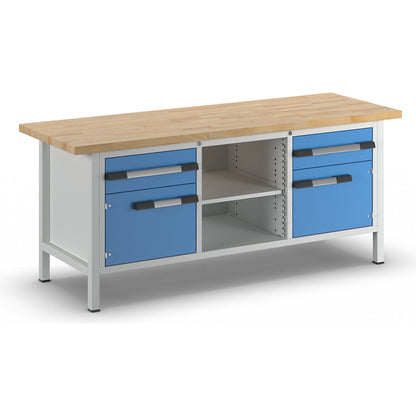 Workbench, Series 8000 frame construction, 2 drawers 180 mm, 2 doors 360 mm, 1 storage shelf, 1 shelf, WxD 2000 x 700 mm.