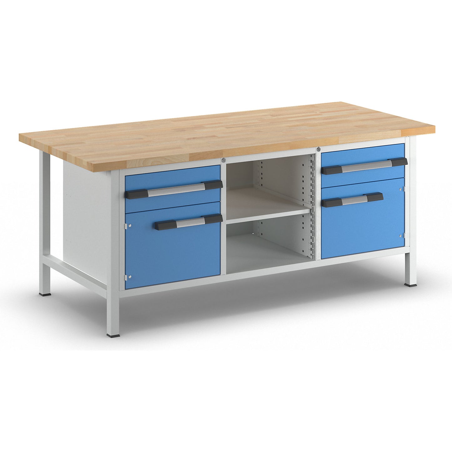 Workbench, Series 8000 frame construction, 2 drawers 180 mm, 2 doors 360 mm, 1 storage shelf, 1 shelf, WxD 2000 x 900 mm.