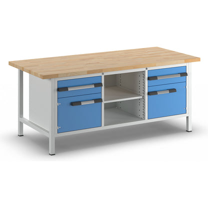 Workbench, Series 8000 frame construction, 2 drawers 180 mm, 2 doors 360 mm, 1 storage shelf, 1 shelf, WxD 2000 x 900 mm.