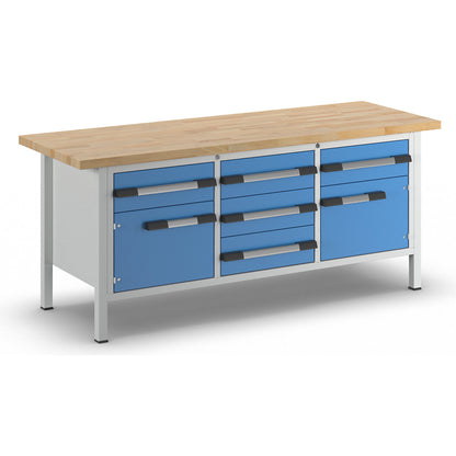 Workbench, Series 8000 frame construction, 5 drawers 180 mm, 2 doors 360 mm, WxD 2000 x 700 mm.