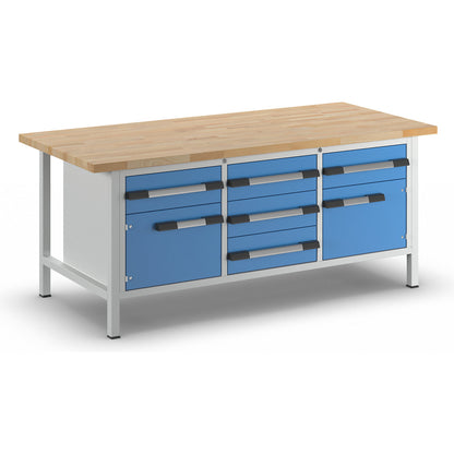 Workbench, Series 8000 frame construction, 5 drawers 180 mm, 2 doors 360 mm, WxD 2000 x 900 mm.