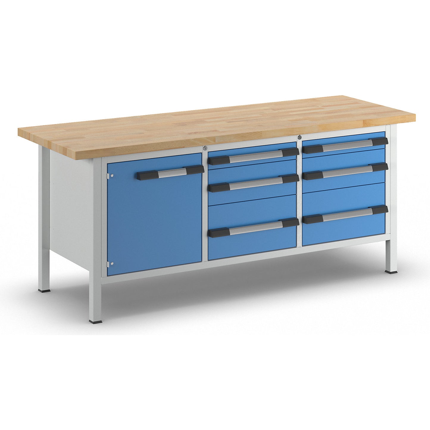 Workbench, Series 8000 frame construction, 6 drawers: 2 x 90, 2 x 180, 2 x 270 mm, 1 door 540 mm, WxD 2000 x 700 mm.